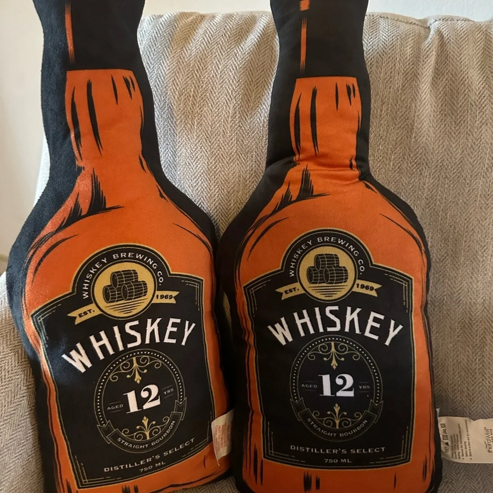 🆕2 Whiskey Shaped Throw Pillows